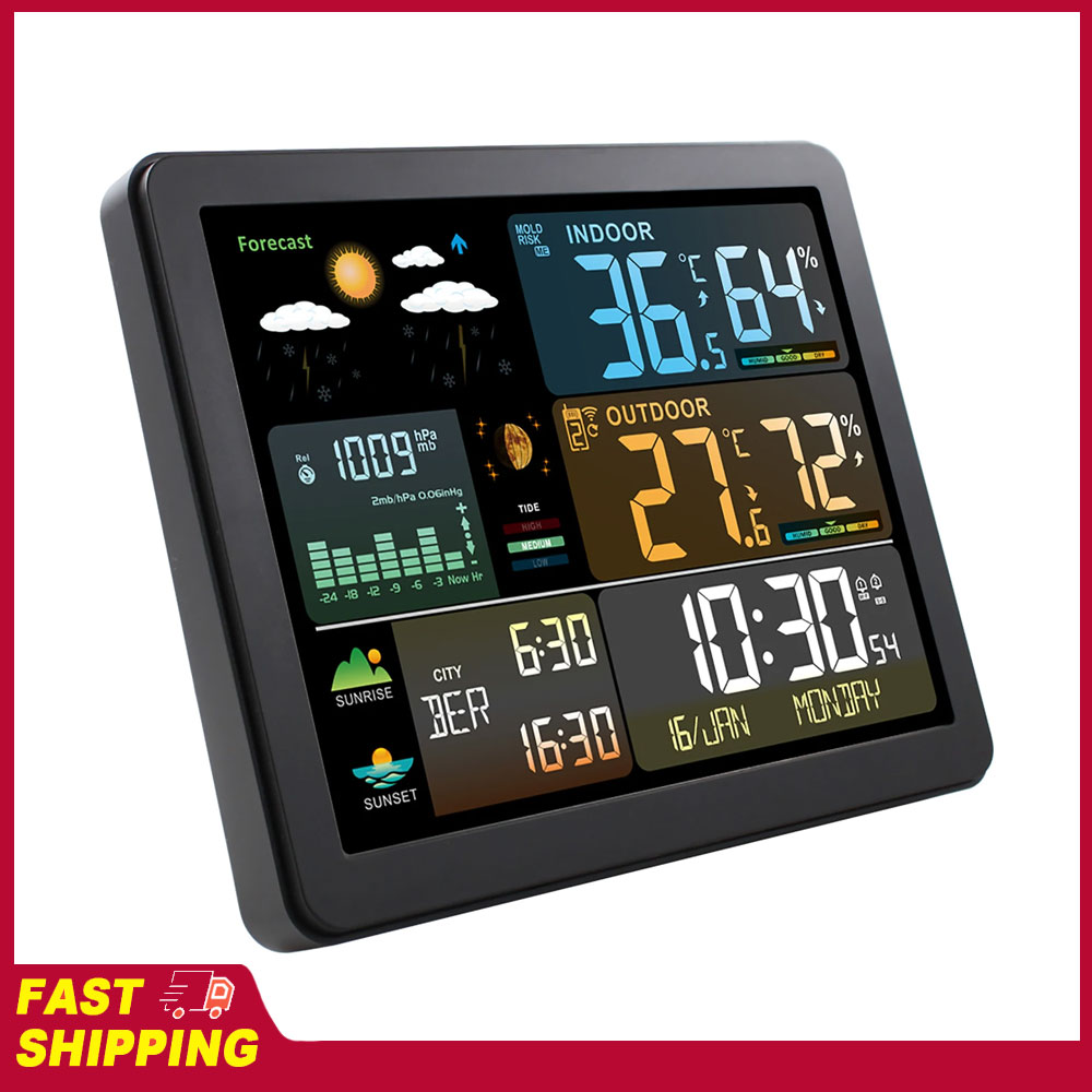 Weather Station Indoor - 多機能大型カラースクリーン天気時計スマート気象観測ステーション（時計付き）屋内および屋外温度湿度計