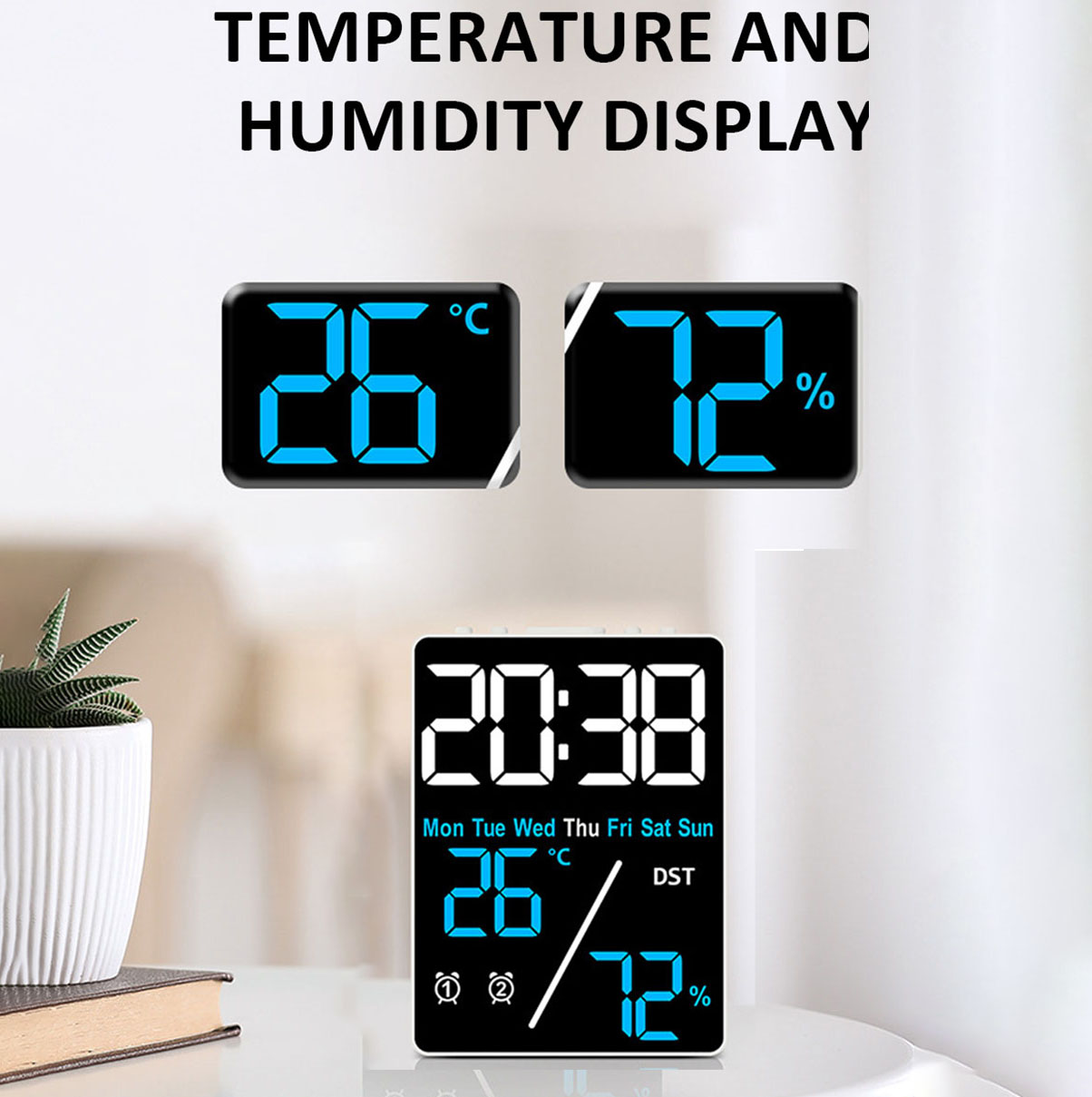 多機能大画面デジタル目覚まし時計湿度表示明るさ調整充電デスク - Weather Station Indoor のレビューと価格